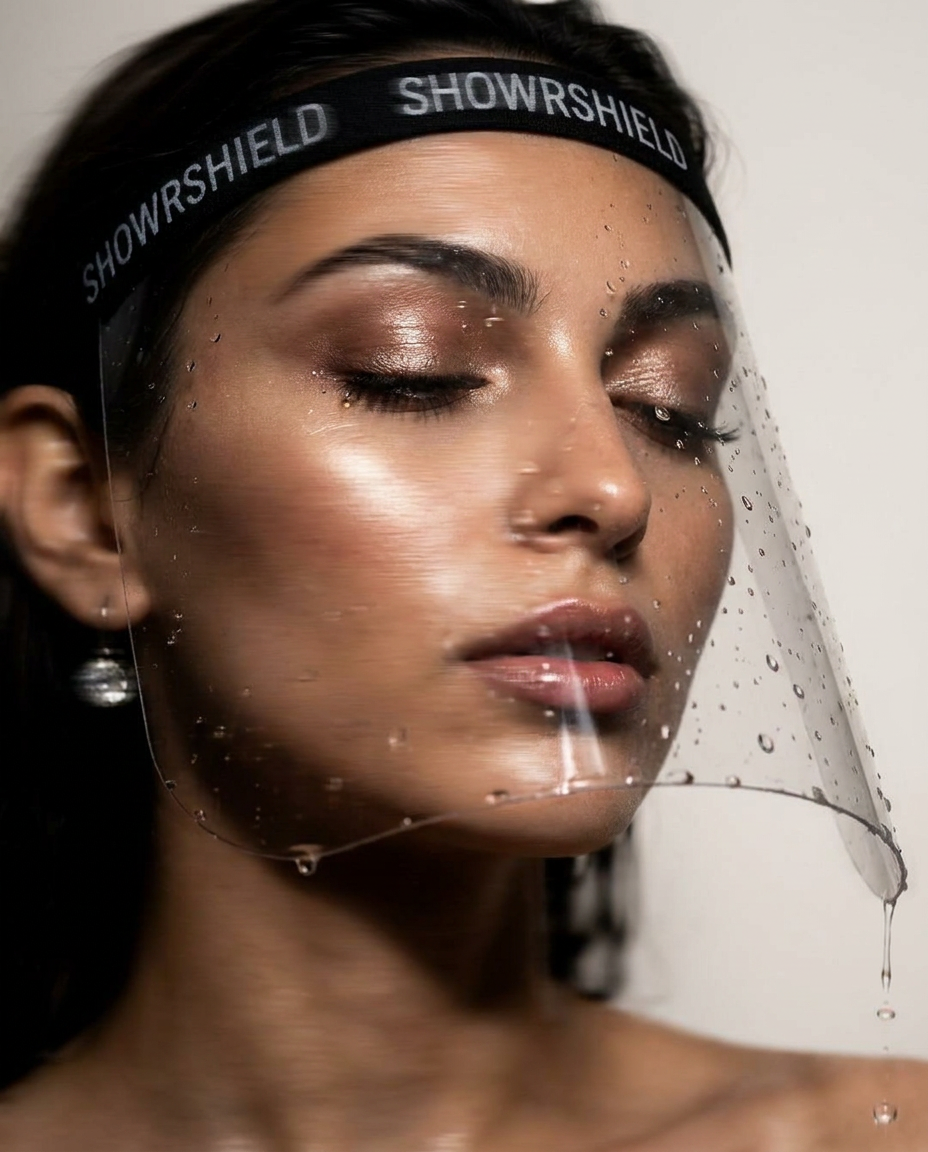 Model wearing SHOWRSHIELD with water cascading down the visor