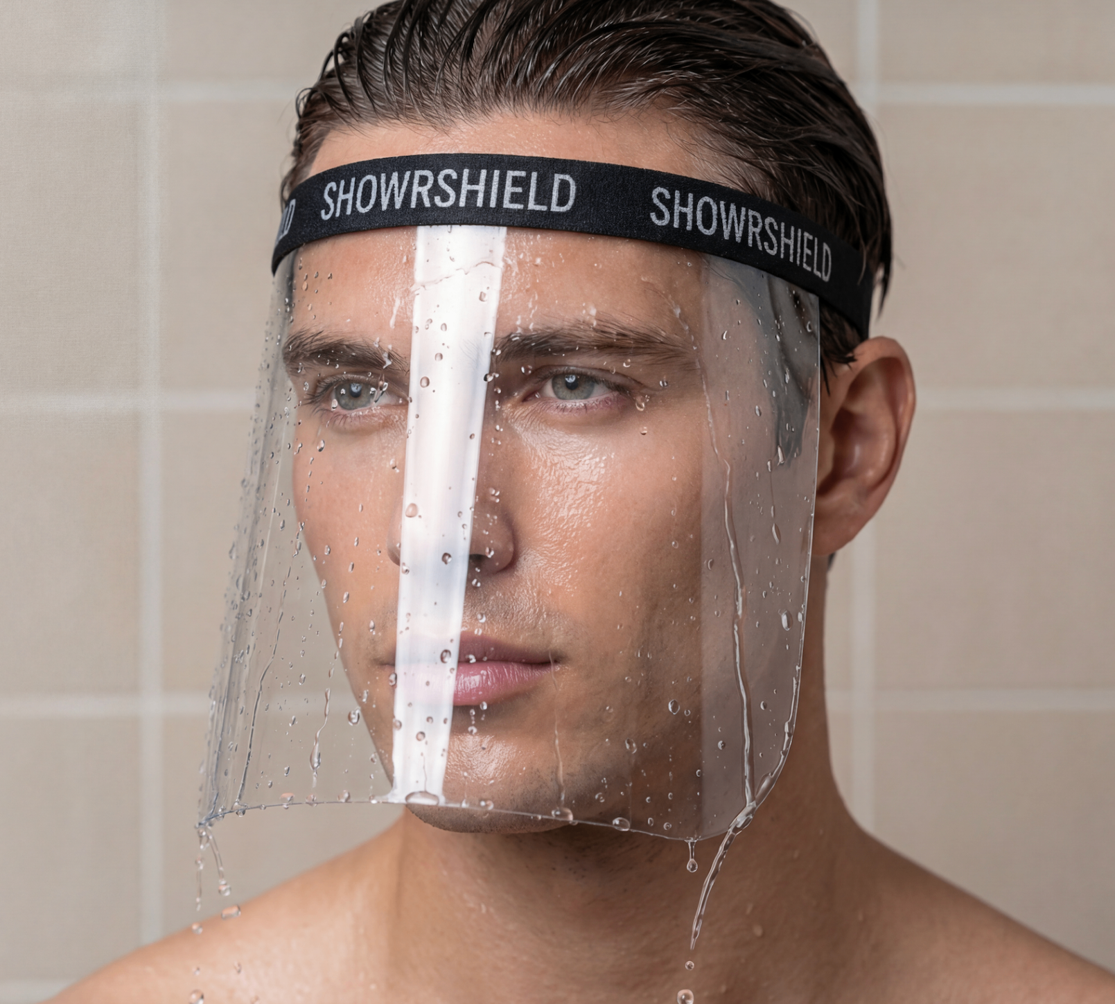 Close-up of SHOWRSHIELD protecting a man's face in the shower